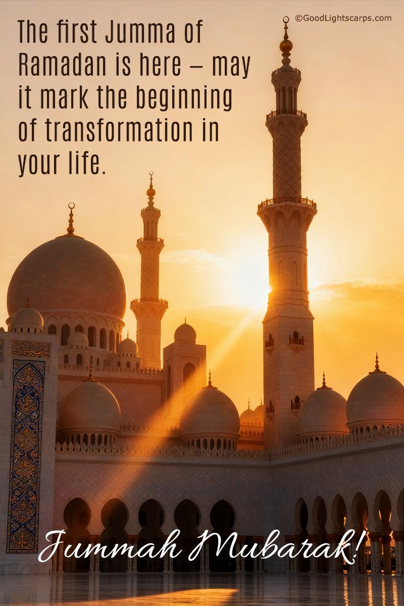 Ramadan First Jummah greeting message with a beautiful mosque interior photo in sunrise.
