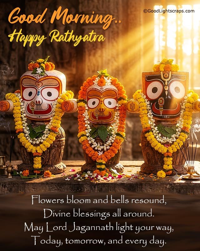 Good Morning Rath Yatra Wish with Image of Lord Jagannath and his brother Lord Balaram and sister Subhadra