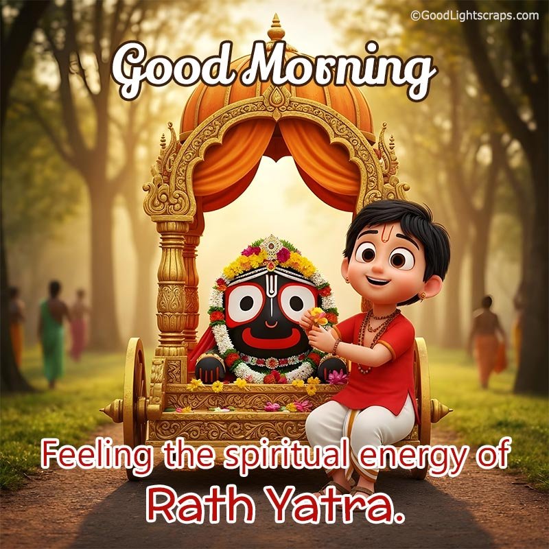 Good Morning Rath Yatra Wish with Image of a kid sitting with a Lord Jagannath and a chariot.