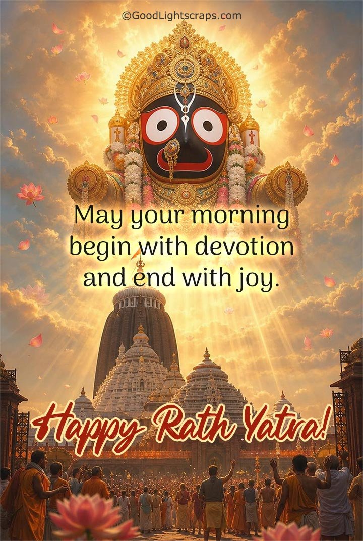 Good Morning Rath Yatra Wish with divine Image of Lord Jagannath and his tample.