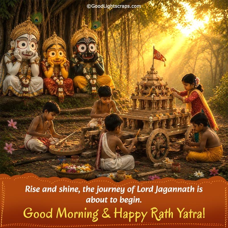 Good Morning Rath Yatra Wish with Image of Lord Jagannath and his brother Lord Balaram and sister Subhadra