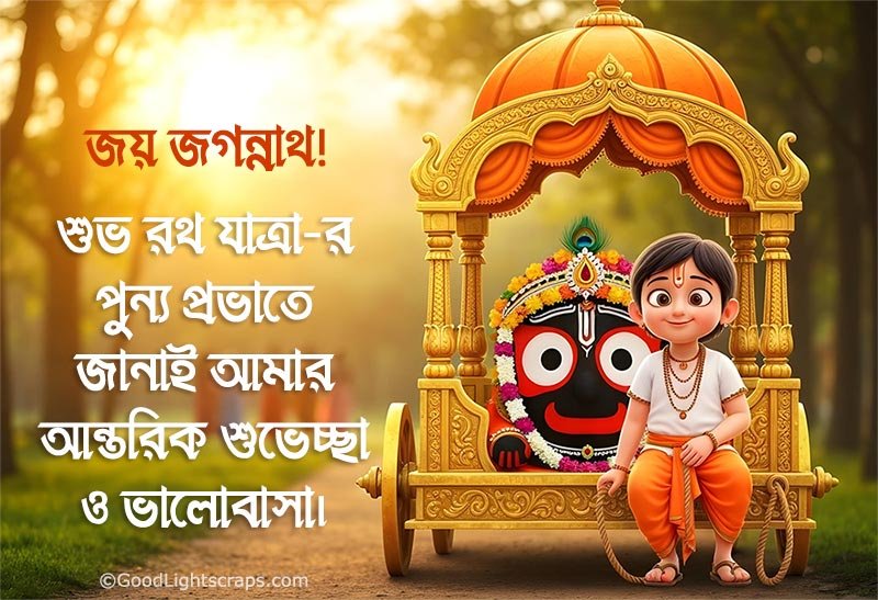 Greeting Image featuring a kid sitting with a chariot or Rath of lord Jagannath - with Good Morning Ratha Yatra message in bengali