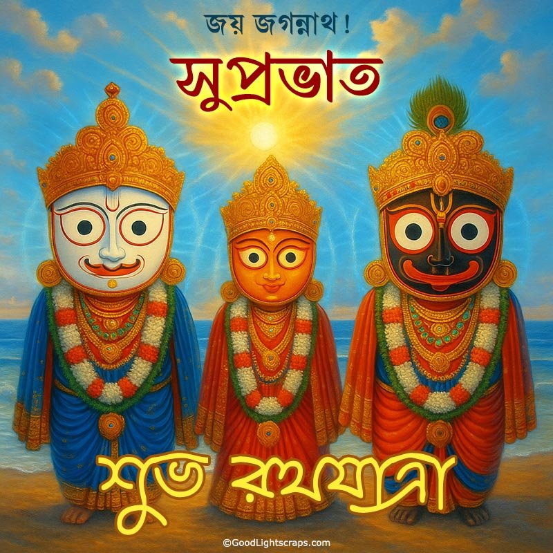 Rath Yatra image with good morning wish featuring divine image of Lord Balabhadra, Goddess Subhadra and Lord Jagannath standing together