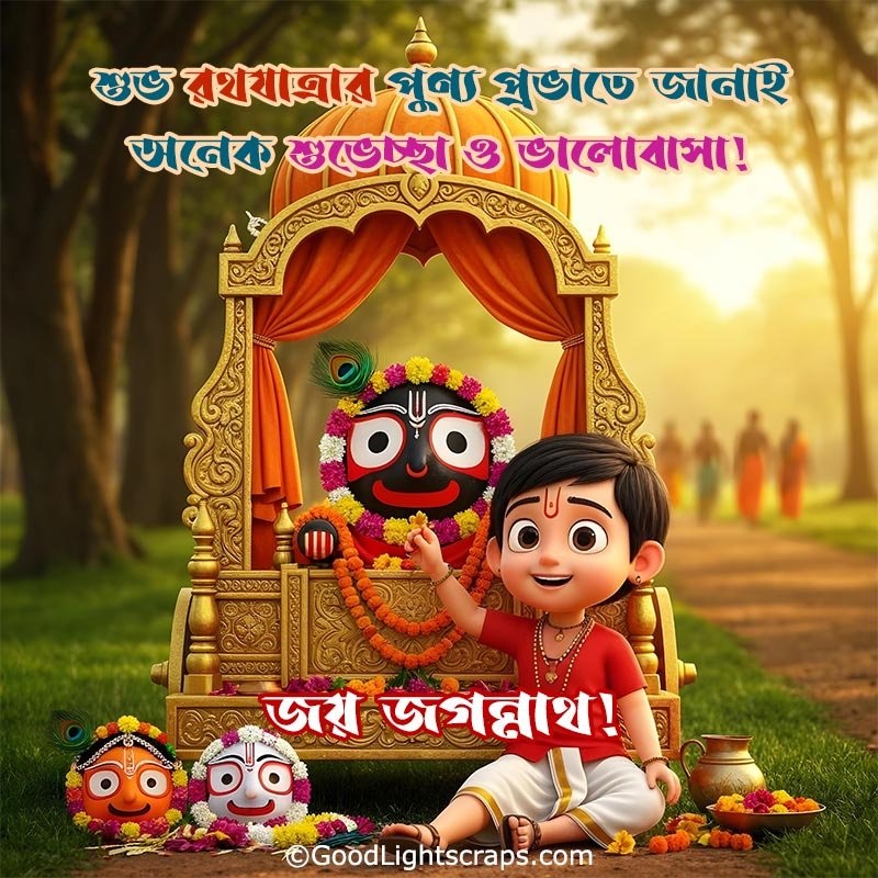 A Rath Yatra greeting cards featuring a morning country side scene, a kid is sitting with a chariot of lord Jagannath