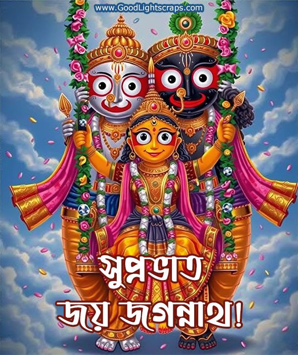 A Rath Yatra greeting cards featuring a morning country side scene, a kid is sitting with a chariot of lord Jagannath