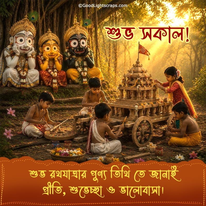 Some country kids are preparing the wooden chariot for Rath Yatra Festival in the beautiful divine morning