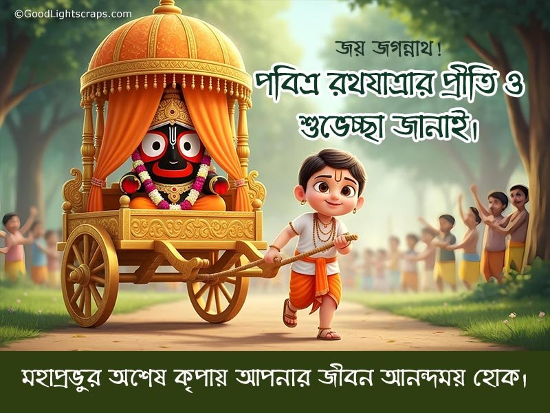 Greeting Image featuring a kid pulling a chariot or Rath of lord Jagannath - with Ratha Yatra greeting message in bengali