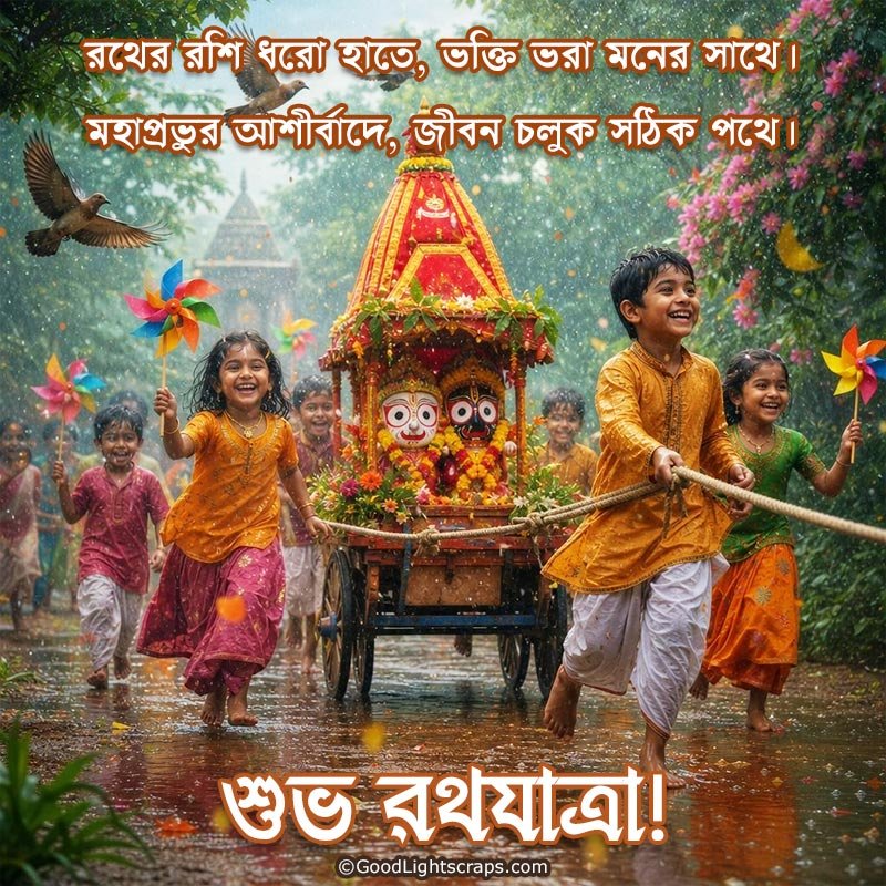 Kids are pulling Chariot - Rath, enjoying Rath Yatra festival - with a message in bengali