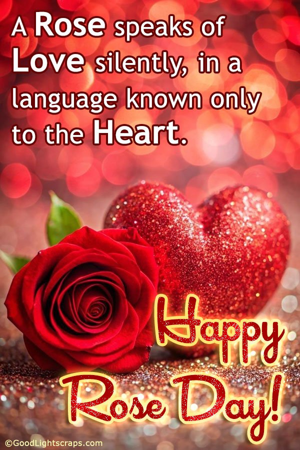Happy Rose Day quotes with image of A sparkling heart and red rose in a romantic bokeh background