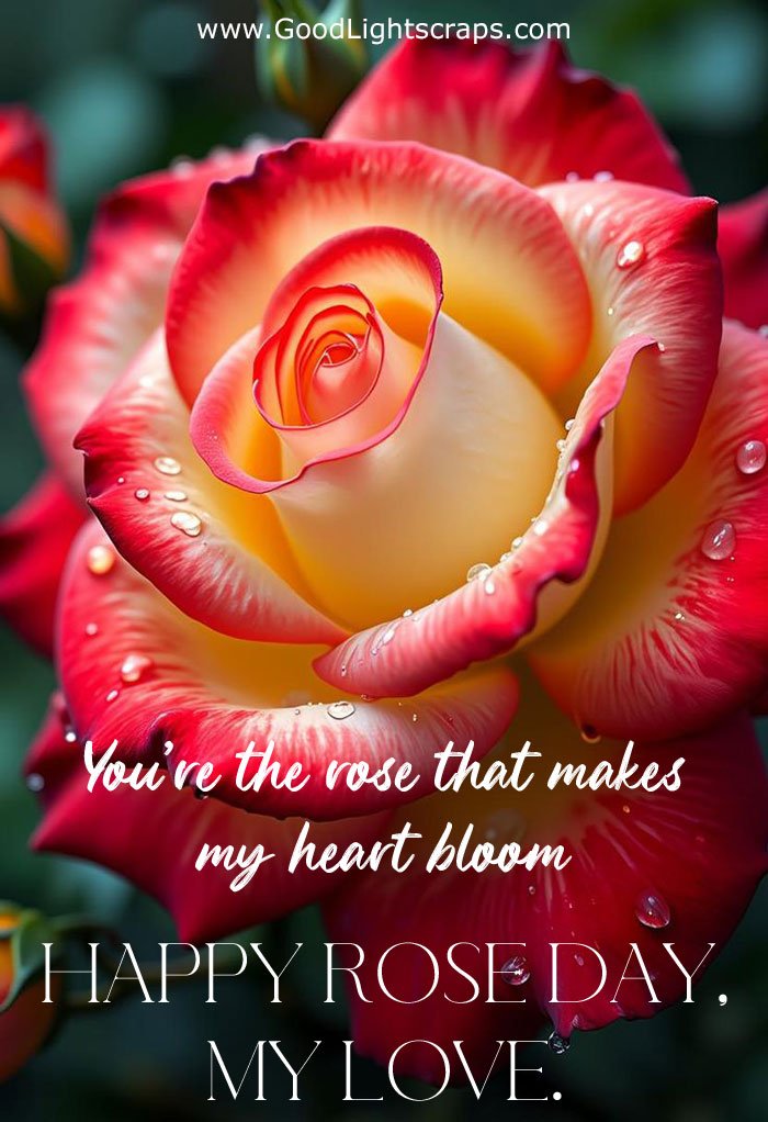 Happy Rose Day My love! message with image of A rose in a romantic bokeh background