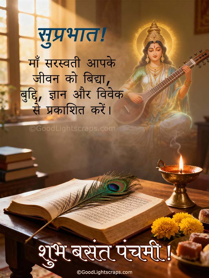 सुप्रभात! माँ सरस्वती आपके जीवन को बिद्या, बुद्दि, ज्ञान और विवेक से प्रकाशित करें। शुभ बसंत पंचमी!
