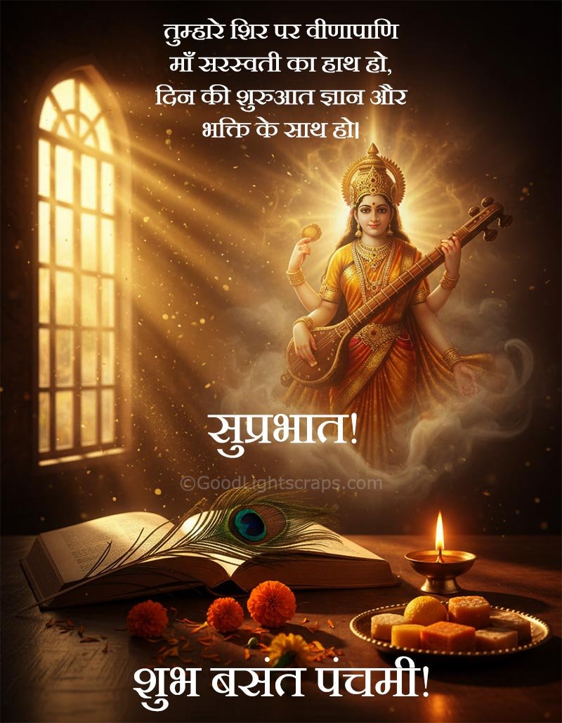 a room with puja thali and flowers with a divine image of mata Saraswati in the background, with a text message 'तुम्हारे शिर पर वीणापाणि माँ सरस्वती का हाथ हो, दिन की शुरुआत ज्ञान और भक्ति के साथ हो। सुप्रभात! शुभ बसंत पंचमी!' 