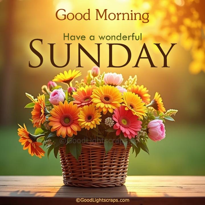 a flower bouquet in morning with a messages 'Good Morning! Have a Wonderful Sunday' 