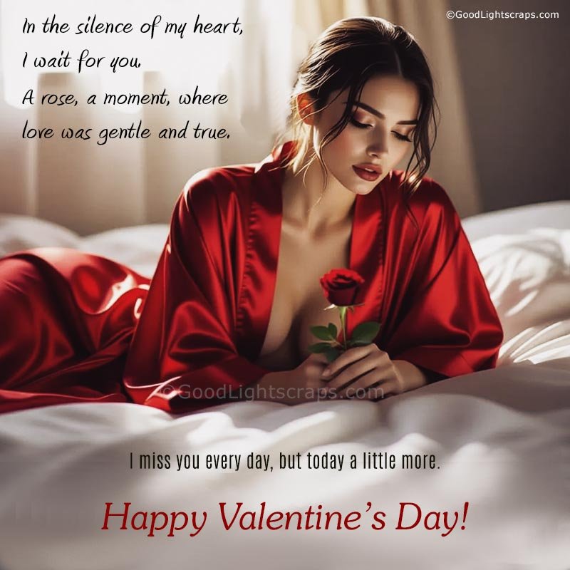 a lady is sitting on a empty bed with a rose in her hand - a heart touching poem in english - 'I miss you every day, but today a little more.'