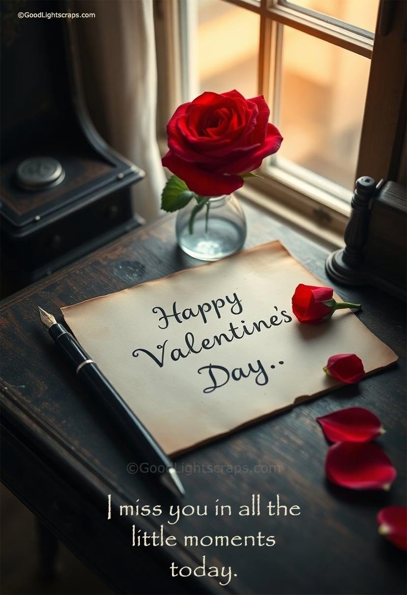 A rose, petals and a miss you note on valentines day