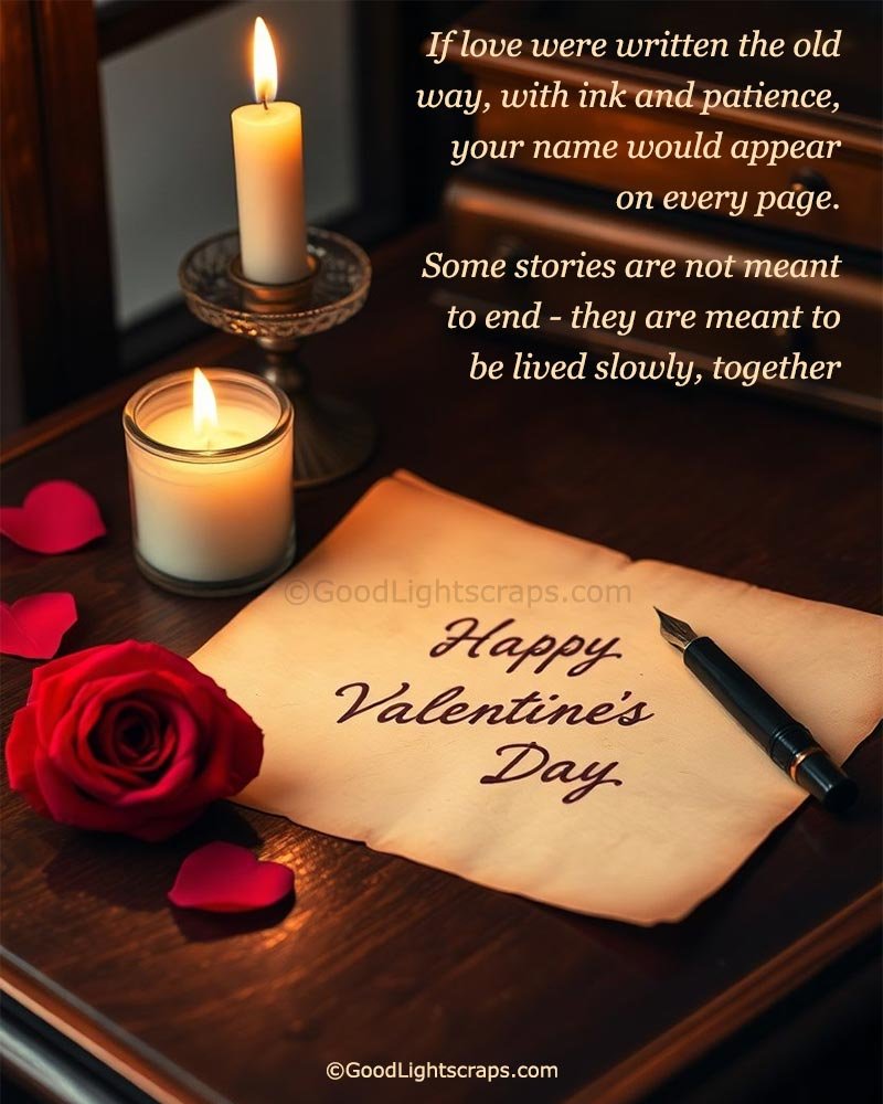 A miss you valentines day note with candles and rose petals.