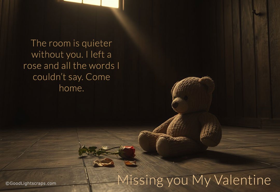 An empty bed room with a sad teddy bear is sitting on the floor with a message 'Missing you My Valentine.'