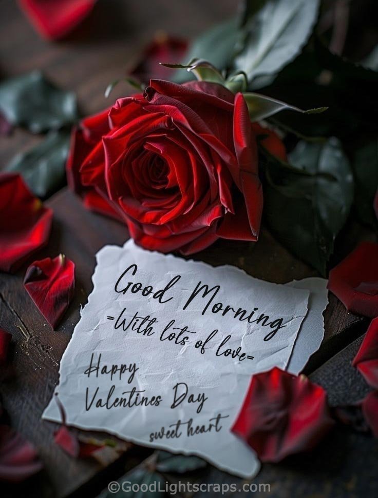 Good Morning messages with valentines day wish for your love, with a red rose, petals and a paper note.
