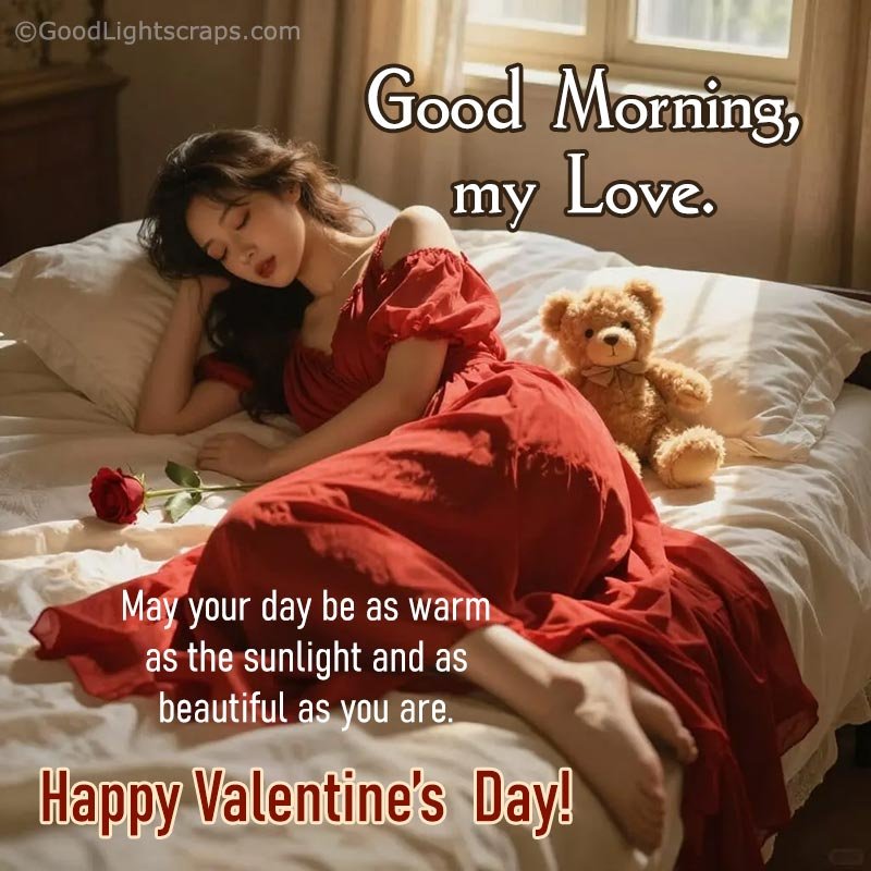 a valentines day good morning image featuring a lady sleeping with a rose and a teddy bear