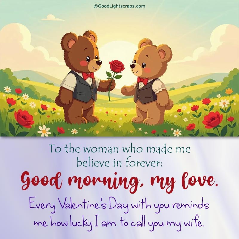 Valentines Day Morning Greeting for wife featuring a teddy bear gifting rose to his wife