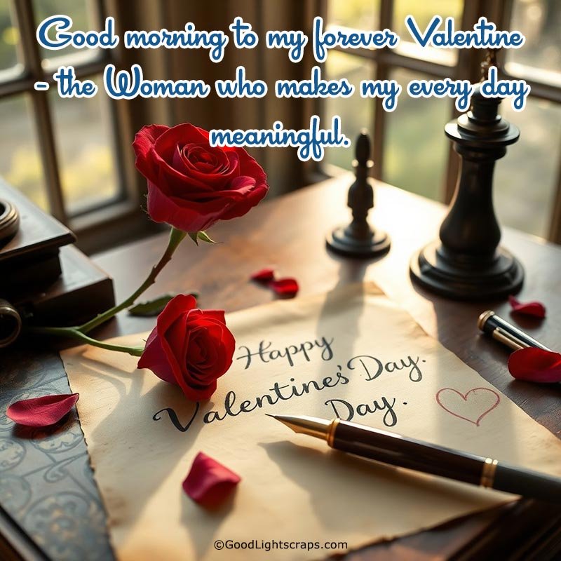 Good morning to my forever Valentine - good morning wish for your wife with some roses and a romantic note
